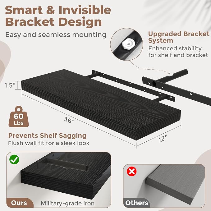 36 Inch Floating Shelves for Wall Set of 2, Easy Install Engineered Wood - Image 2