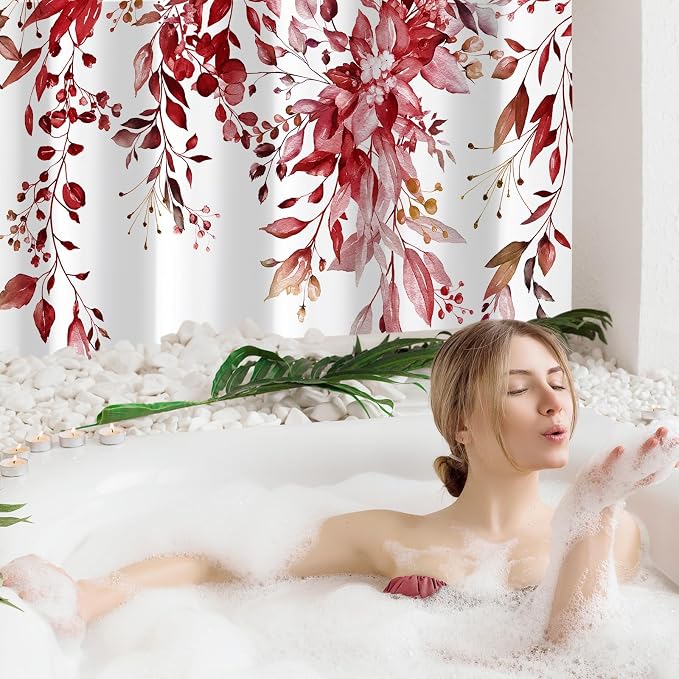 Gibelle Extra Long Shower Curtain 72 x 84, Tall Burgundy Red Floral Shower - Image 2