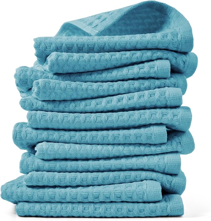 Cleanbear Lake Blue Waffle Washcloths 12 Pack, 13 x 13 Inches, Lightweight and by Cleanbear