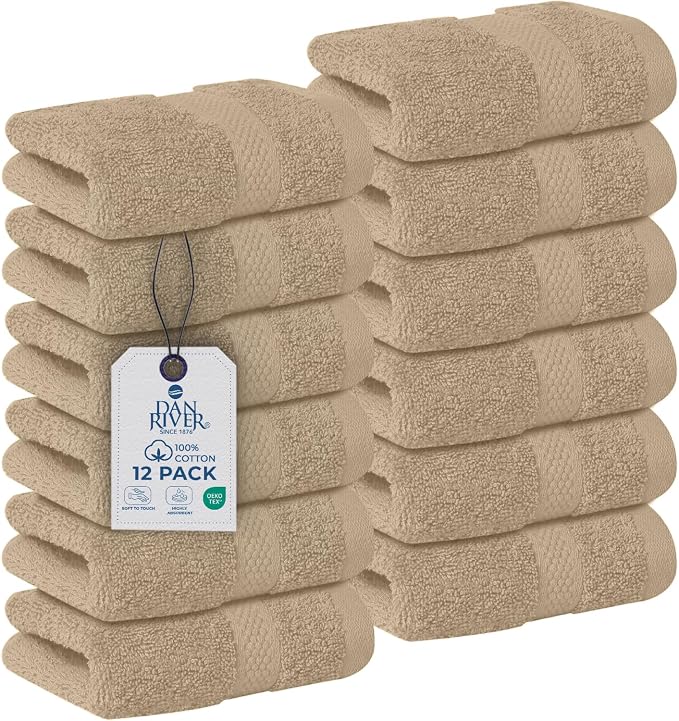 DAN RIVER 12-Pack Premium 100% Cotton TAN Face Towels – Reusable Face Towel Set by DanRiver