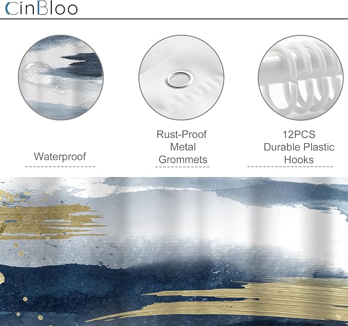 Cinbloo Navy Blue Marble Shower Curtain 60Wx72H Abstract Modern Ombre Gold - Image 4