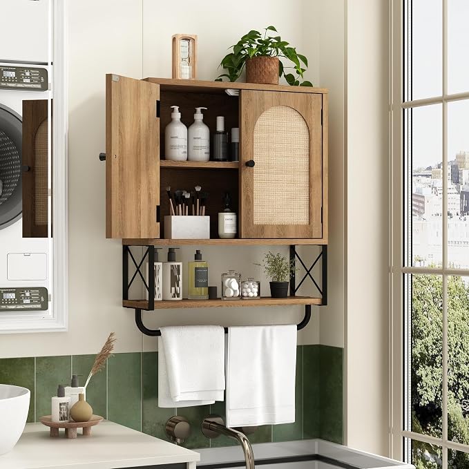 RUSTOWN Rattan Bathroom Wall Cabinet, Boho Over The Toilet Storage Cabinet - Image 3