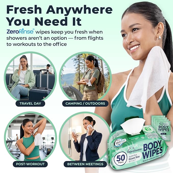 Body Wipes for Women, Extra Moist No Rinse Bathing – 50 XL Shower Cloths + 4 - Image 2