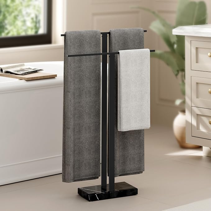 KES Standing Towel Rack with Black Natural Marble Base, 2-Tier Towel Rack Stand by KES