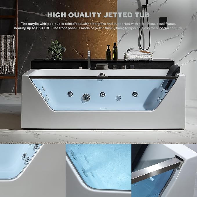 Empava Acrylic Whirlpool Bathtub, 71-Inch Jetted Bathtub - Image 3