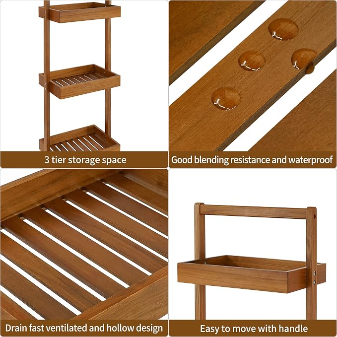 Utoplike Teak Shower Caddy Corner, 3 Tier Standing Shower Organizer Shelf - Image 7