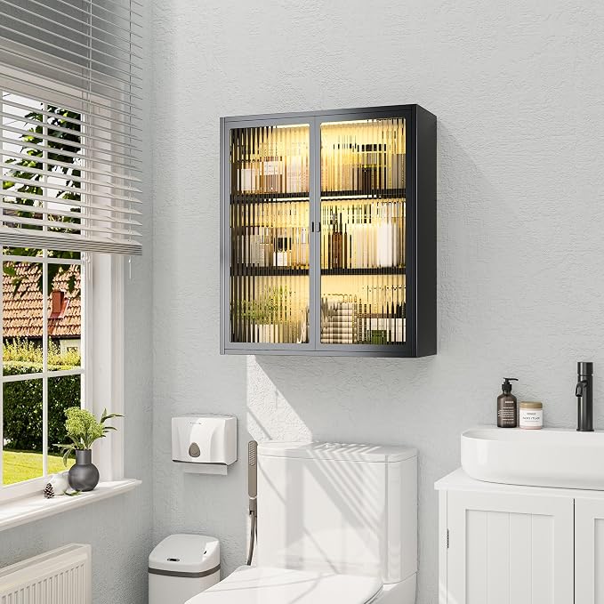 Bathroom Medicine Cabinet with Glass Doors & Sensor LED Lights, Over Toilet - Image 2