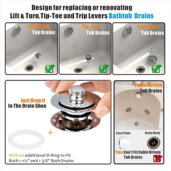 Artiwell Universal Lift and Turn Bath Drain Stopper and Cover, Bathtub Drain - Image 2
