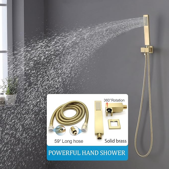 Brushed Gold Rain Shower System Thermostatic Bathroom Faucet Set 16X32 Inch - Image 5