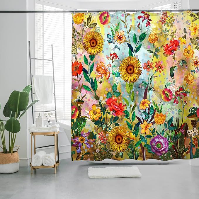 Bohemian Shower Curtain, Boho Floral Print Water Repellent Polyester Fabric - Image 7