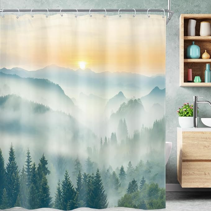 Riyidecor Extra Long Mountain Shower Curtain 72Wx84H Inch Green Yellow Sunrise by Riyidecor