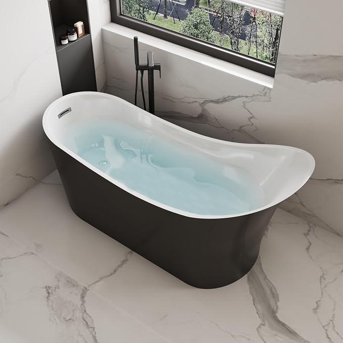 55" Black Modern Free Standing Soaking Slipper Bathtub, WHALEKING Luxury Stand - Image 4