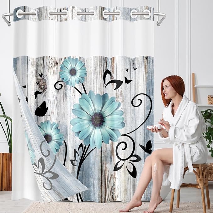 No Hook Teal Flower Shower Curtain - Image 8