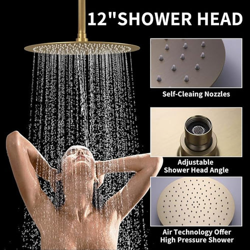 12Inch Brushed Gold Ceiling Shower System & 8Inch Wall-Mount Shower Faucet Set - Image 2
