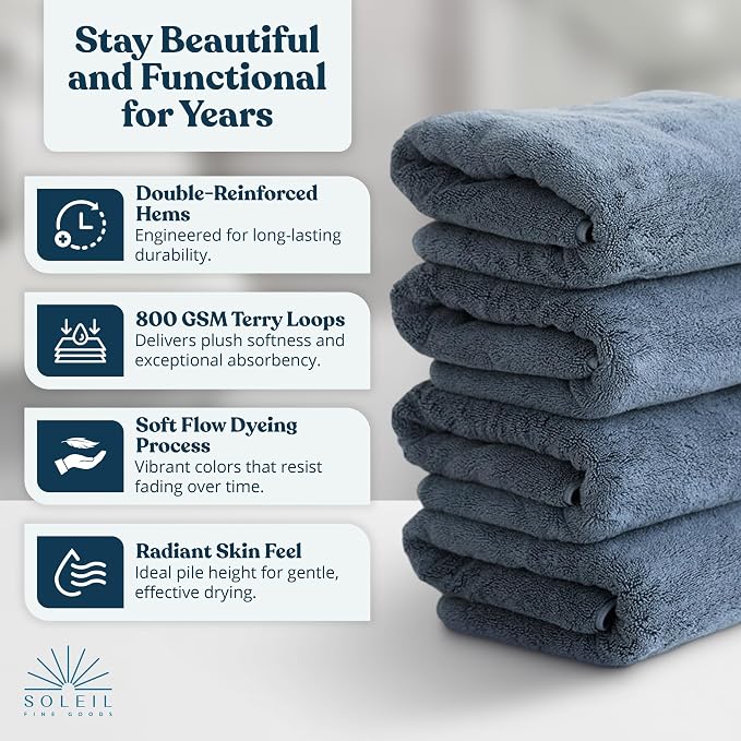 Soleil Fine Goods Luxurious 800 GSM 100% Cotton Bath Towel Set - Image 3