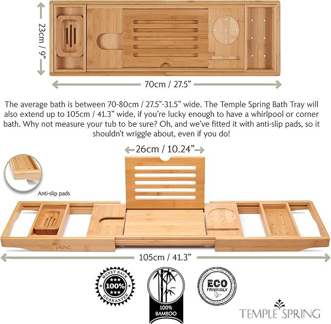 Temple Spring Wooden Bathtub Tray, Bamboo Bathroom Accessories, Bath Tray - Image 3