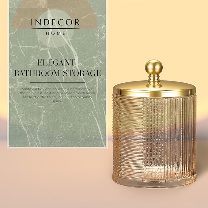 Tan Colored Tranlucent Apothecary Ribbed Geometric Etched Glass Jar W/Gold - Image 3
