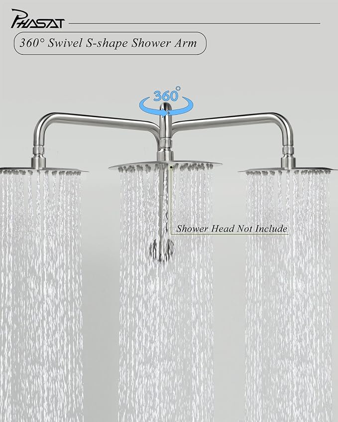PHASAT S Shaped Shower Arm, Shower Arm Extension Brushed Nickel, High Rise - Image 2