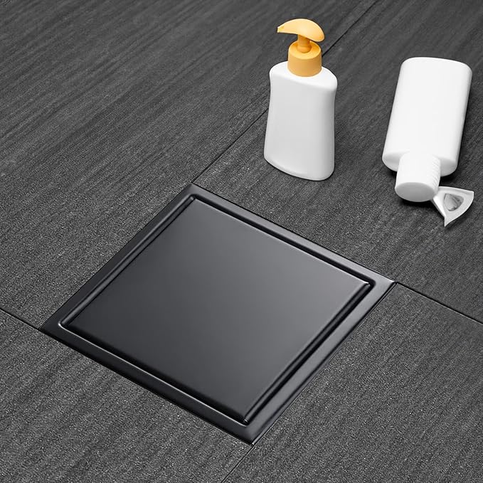 Square Shower Drain, AISI 304 Stainless Steel Matte Black Shower Floor Drain by Elefloom