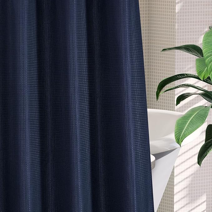 MitoVilla Navy Blue Waffle Long Shower Curtain Liner Set 72 x 80, No Hooks - Image 5