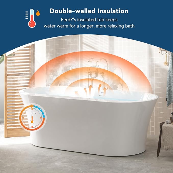 FerdY Mauritius 67" Acrylic Freestanding Tub, Oval Contemporary Soaker Tub - Image 2