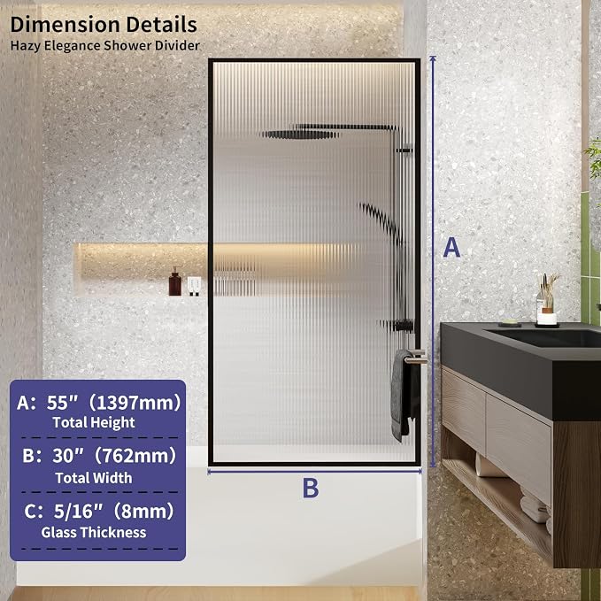 Dimaris Bathtub Shower Door 30" X 55" Tempered Fluted Glass Framed Shower - Image 2