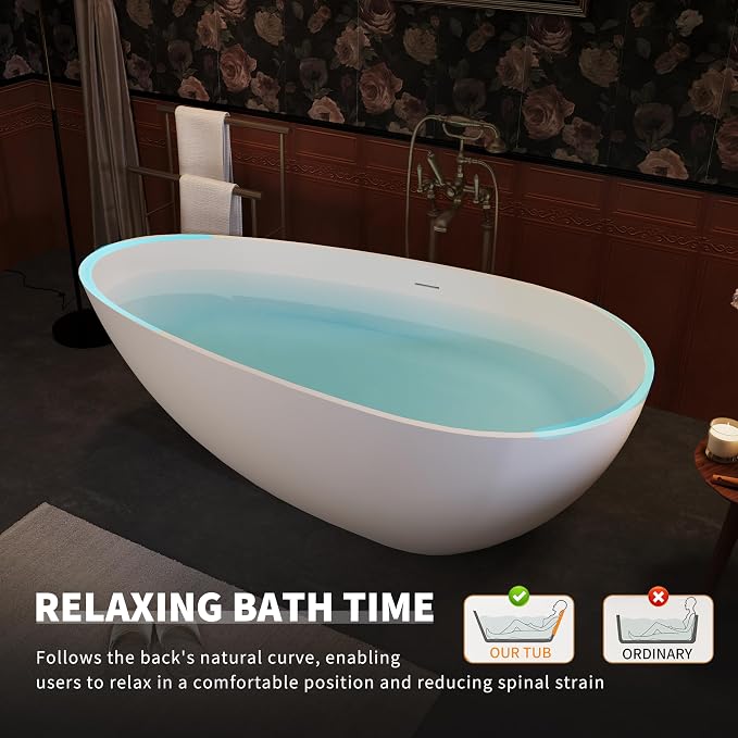 Abruzzo 67“ Solid Surface Freestanding Bathtub, Egg Shell Shaped Stone Resin - Image 4