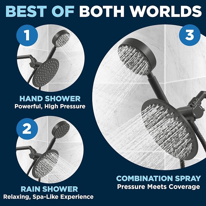HammerHead Showers® Solid Metal Dual Shower Head Combo – MATTE BLACK – 8 Inch - Image 2