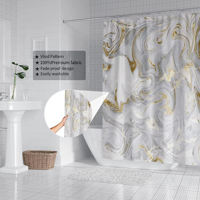 Domoku Grey Gold Marble Shower Curtain, Abstract Modern - Image 3