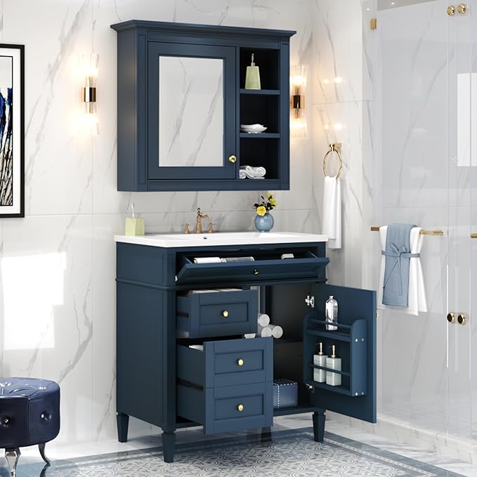 30" Bathroom Vanity with Matching Medicine Cabinet, Modern Sink Storage Cabinet - Image 3