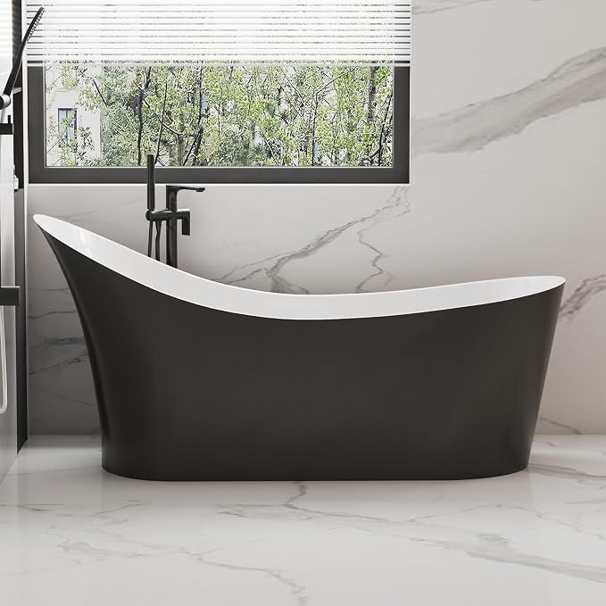 55" Black Modern Free Standing Soaking Slipper Bathtub, WHALEKING Luxury Stand by WHALEKING