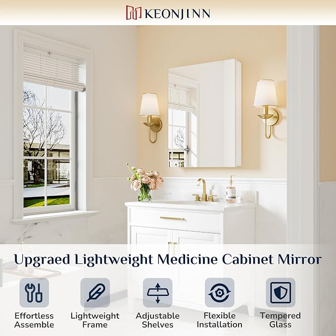 Keonjinn 24 x 32 Inch Medicine Cabinet Mirror, Assembly Required, Large White - Image 9