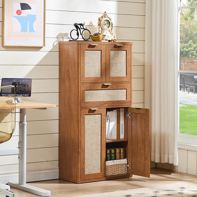 LEYAOYAO 48" Tall Storage Cabinet, Rattan Bathroom Floor Cabinets - Image 8