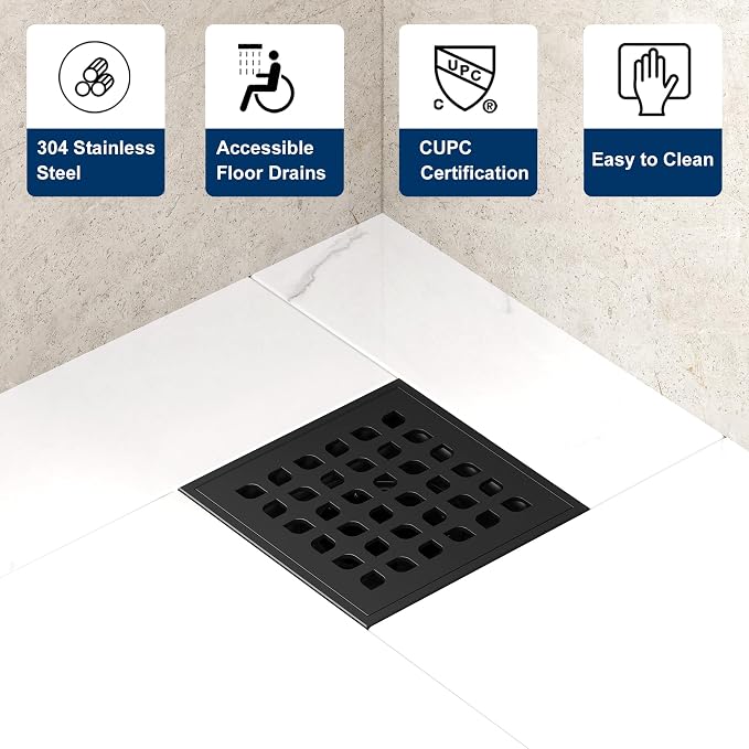 Neodrain Square Shower Drain, 4 inch Black Stainless Steel 304 Grate and PVC - Image 4