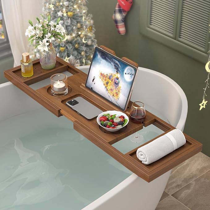 Teak Bathtub Tray, Expandable Wooden Bath Tray by Dorivibe