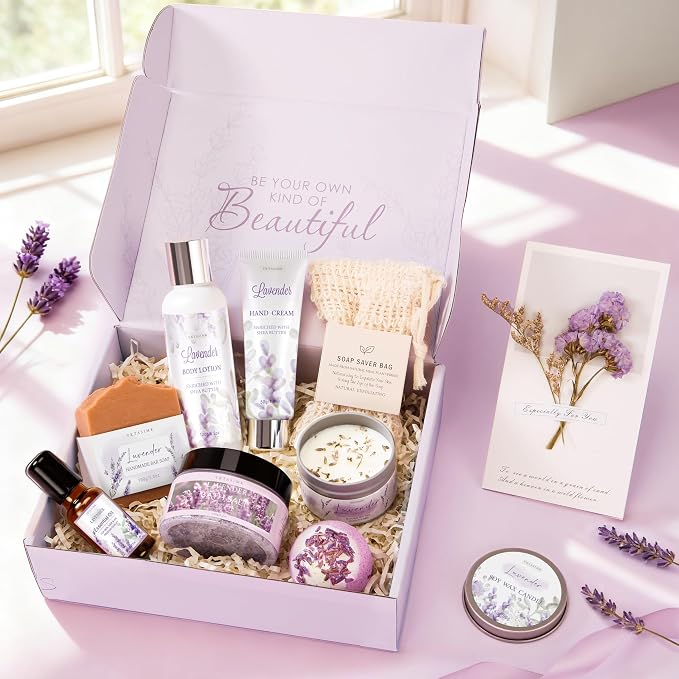 Gifts for Women, Lavender Bath and Body Gift Basket Relaxing Spa Self Care Gift - Image 3