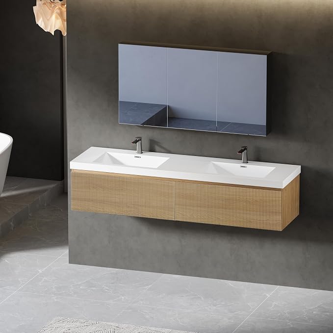 Modern 72'' Floating Bathroom Vanity Sink Combo, Wall-Mounted Striped Cabinet - Image 9