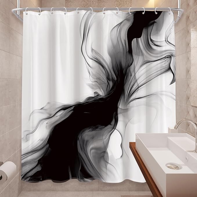 Cinbloo Black and White Marble Shower Curtain 72Wx72H Abstract Modern Neutral - Image 4