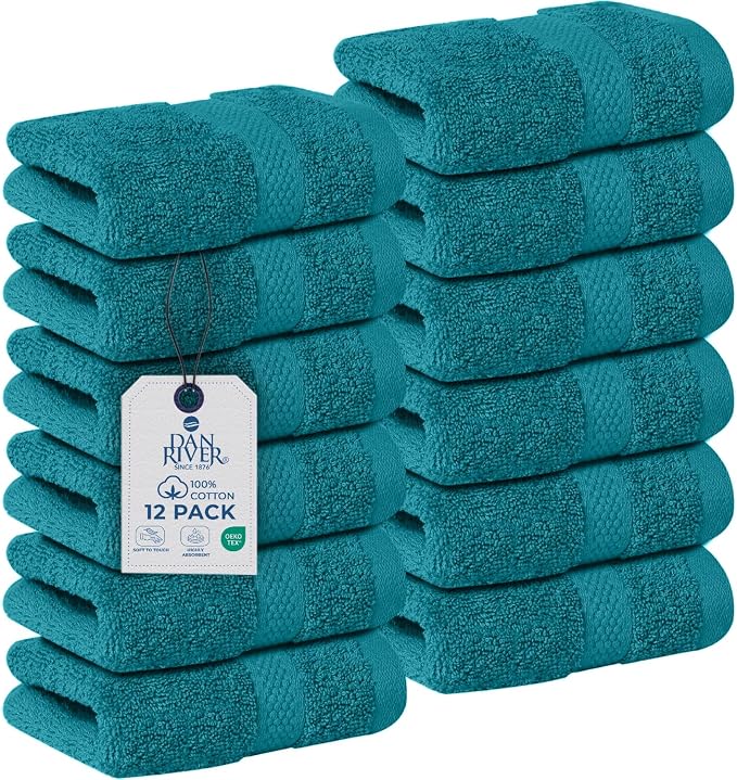 DAN RIVER 12-Pack Premium 100% Cotton Teal Face Towels – Reusable Face Towel Set by DanRiver