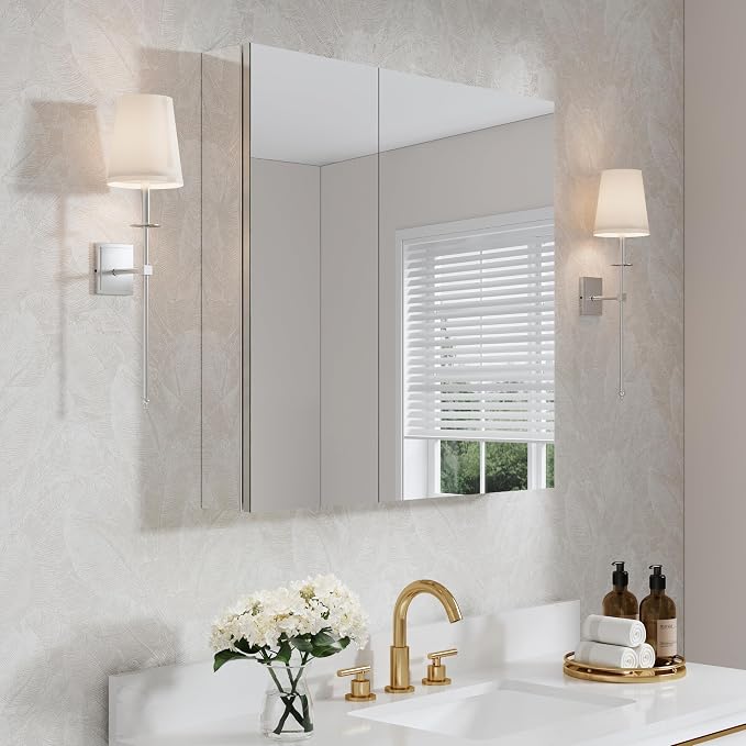 WELLFOR 32" x 30" Rectangle Medicine Cabinet Mirror, Surface Mount or Recessed by WELLFOR