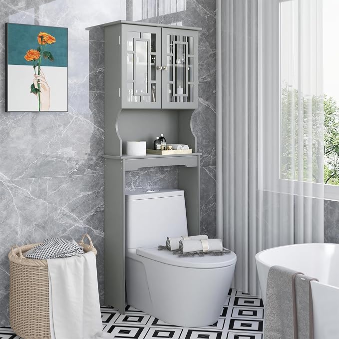 COSTWAY Over The Toilet Storage Cabinet, Bathroom Shelf Over Toilet, Double - Image 2