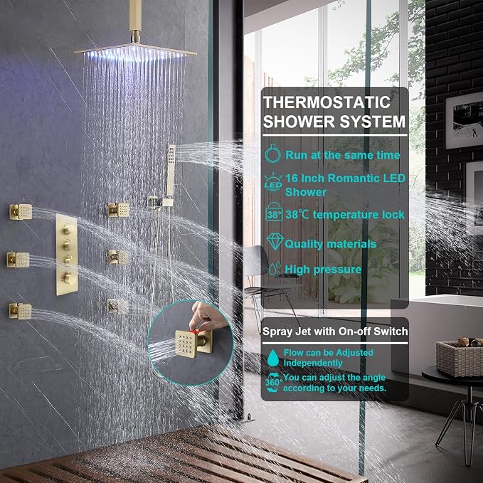 Enga Brushed Gold Shower Jets System, 16 Inch LED Rainfall Shower Faucet Set - Image 2