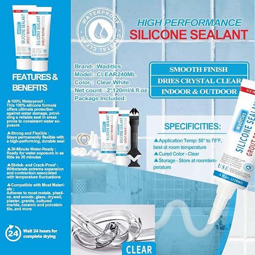 8Oz Clear Waterproof Caulk & Seal Silicone Sealant, Wadities Tile Grout Repair - Image 3