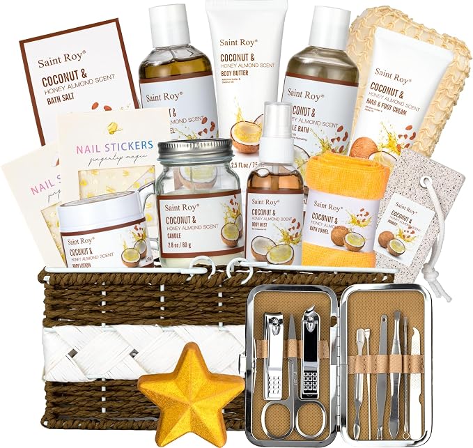Spa Gift Basket Luxury Bath and Body Basket Set 17-Piece Coconut Honey Almond - Image 9