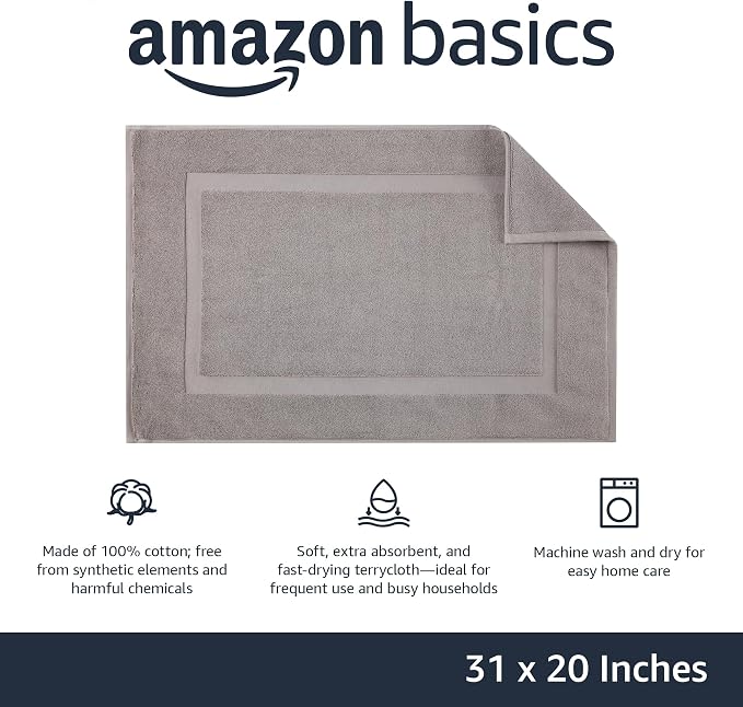 Amazon Basics Banded Bathroom Bath Rug Mat, Powder Gray, 31 inches L x 20 - Image 3