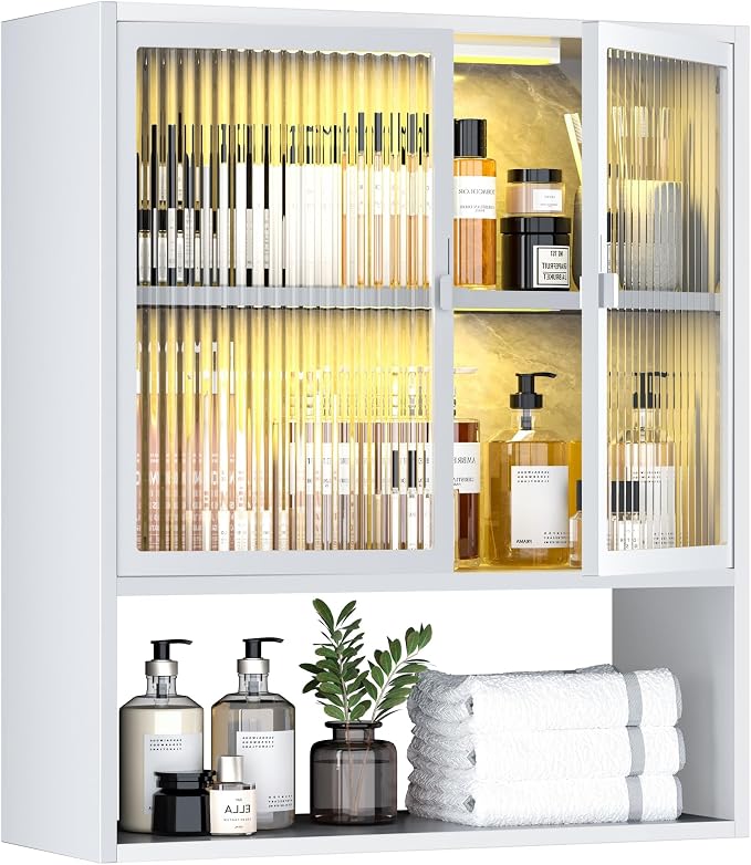 Metal Wall Cabinet with Glass Doors & LED Lights, Small Wall Mounted Medicine by YILFANA