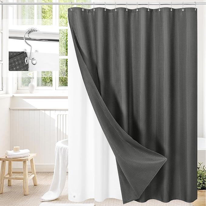 3 in 1 Shower Curtain Set, Charcoal Grey Waffle Fabric Modern Shower Curtain by Unknown