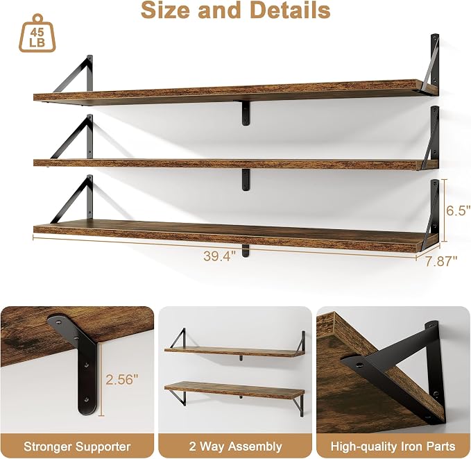 Fun Memories Long Wall Shelves for Bedroom, Rustic Wood Display Shelf for Home - Image 2