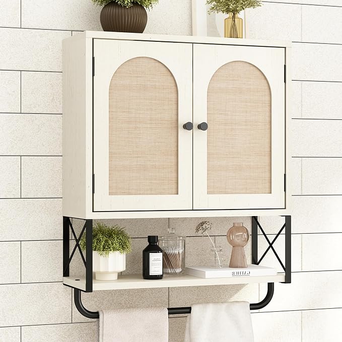 RUSTOWN Rattan Bathroom Wall Cabinet, Boho Over The Toilet Storage Cabinet by RUSTOWN