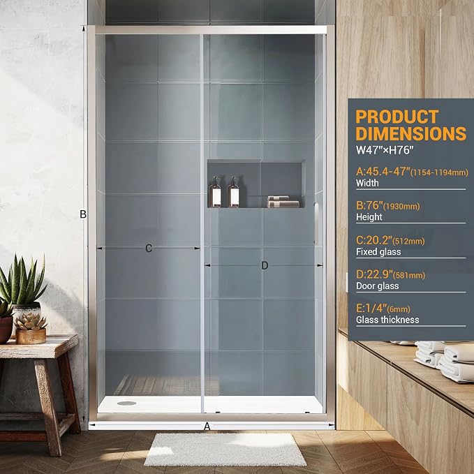 Bathroom Shower Glass Door 45.4"-47" W×76" H, Single Sliding Shower Door - Image 2